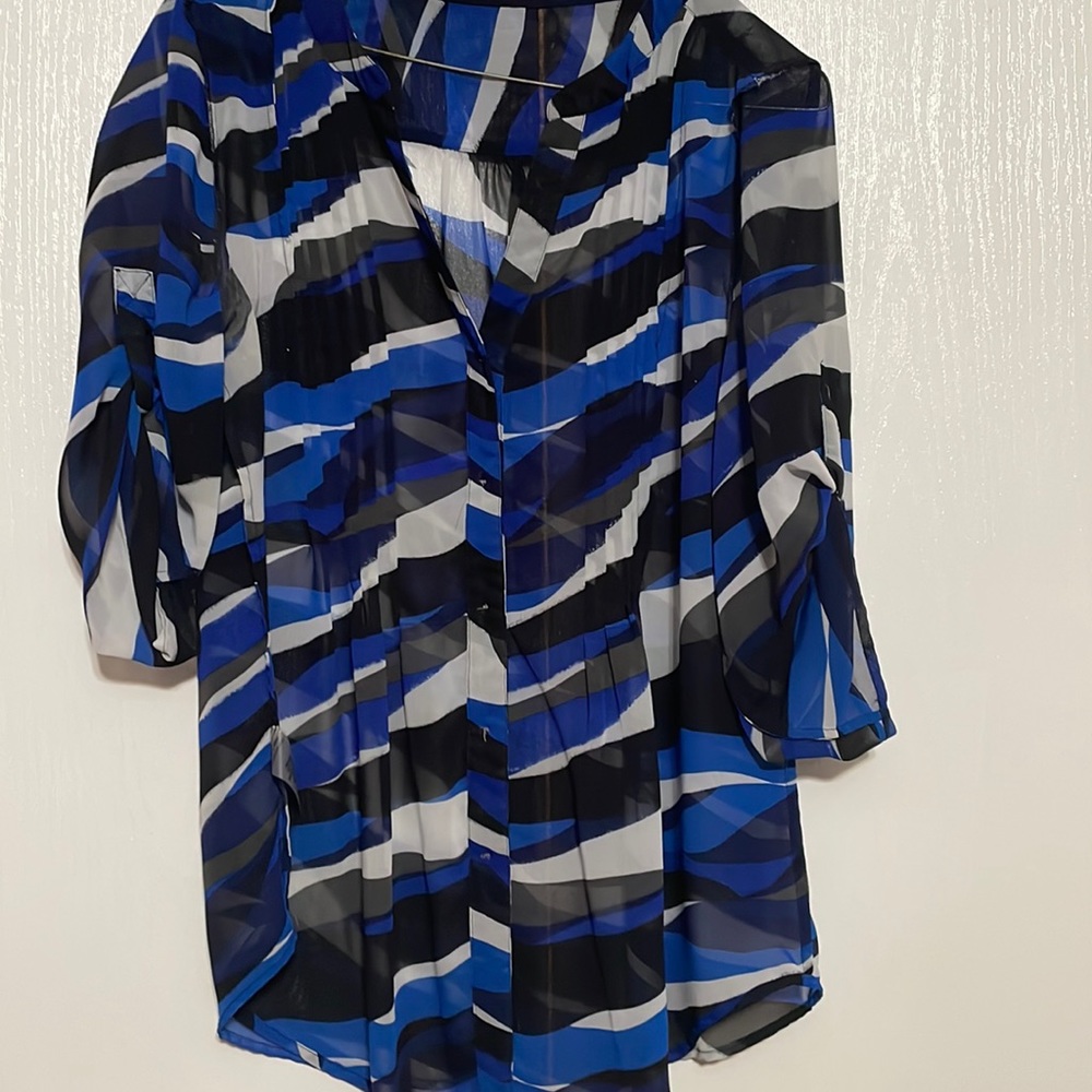 Sheer blouse. Black blue white. Choas New York